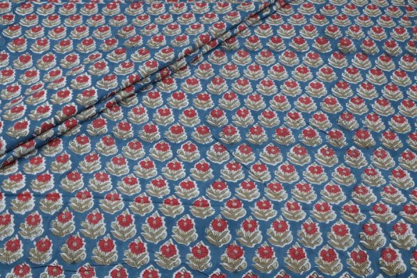 Pre-Cut 2.15m Baltic Blue Floral Handblock Printed 100% Pure Soft Cotton Fabric