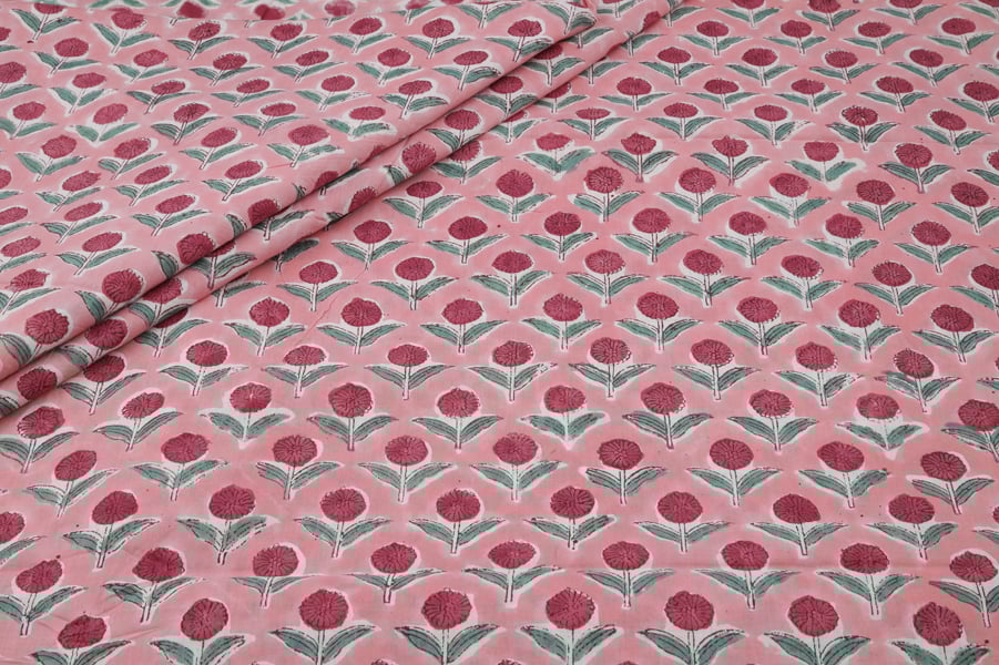 Pastel Petal Pink Floral Handblock Printed 100% Pure Soft Cotton Fabric Pastel Petal Pink Floral Handblock Printed 100% Pure Soft Cotton Fabric - Image 1