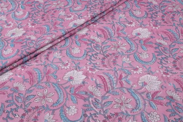 Pre-Cut 0.80m Blush Pop Pink Floral Handblock Printed 100% Pure Soft Cotton Fabric