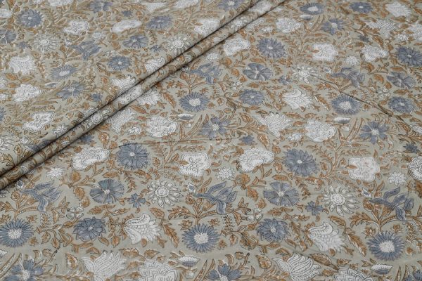 Pre-Cut 1.20m Dust Gray Floral Handblock Printed 100% Pure Soft Cotton Fabric