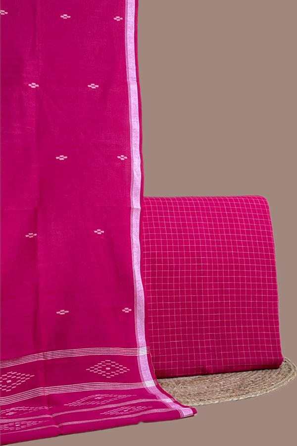 Pink - 2pc Handloom Cotton Dupatta and Handloom Woven Checkered Cotton Top Fabric Set