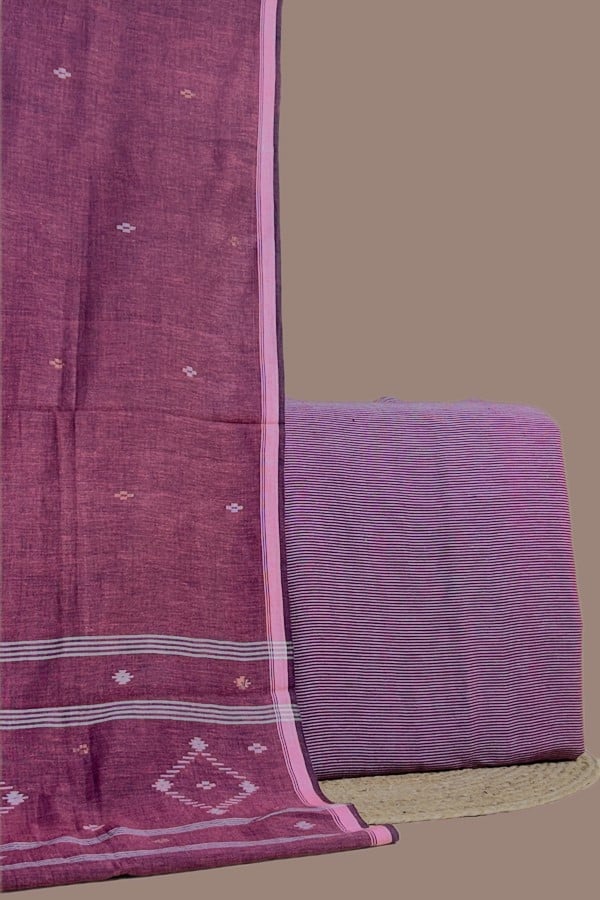 Pink - 2pc Handloom Cotton Dupatta and Handloom Woven Stripes Cotton Top Fabric Set Pink - 2pc Handloom Cotton Dupatta and Handloom Woven Stripes Cotton Top Fabric Set - Image 1