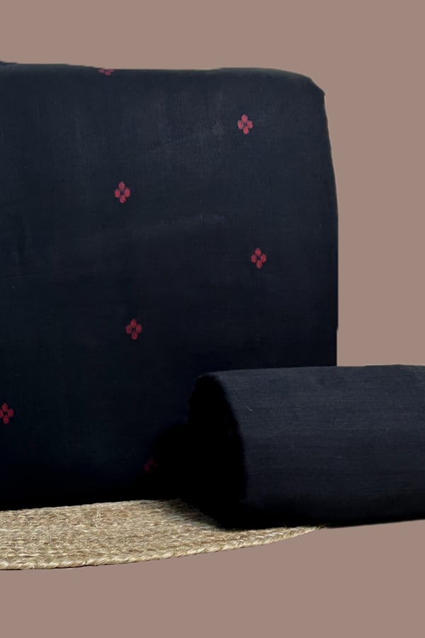 Black - 2pc Handloom Woven Design Cotton Top and Handloom Soft Cotton Bottom Fabric Set