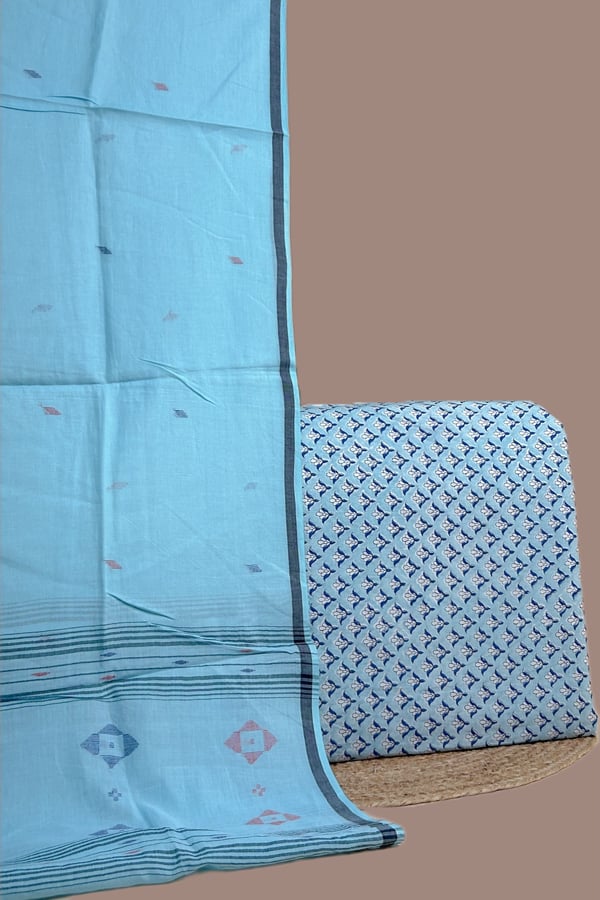 Blue - 2pc Handloom Cotton Dupatta and Pure Soft Cotton Top Set Blue - 2pc Handloom Cotton Dupatta and Pure Soft Cotton Top Set - Image 1