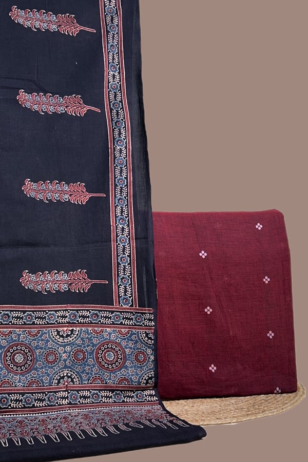 Maroon - 2pc Ajrakh HandCrafted Cotton Dupatta and Woven Design Handloom Top Cotton Fabric Set
