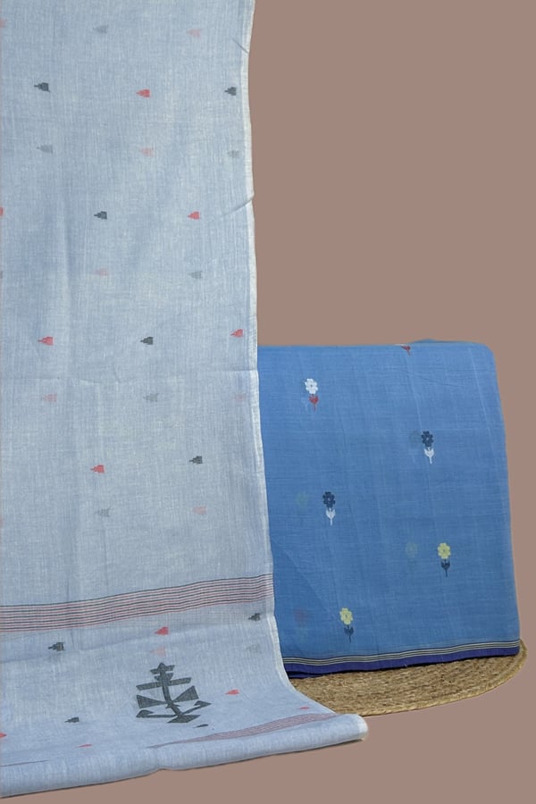 Blue - 2pc Handloom Cotton Dupatta and Handloom Woven Design Top Fabric Set Blue - 2pc Handloom Cotton Dupatta and Handloom Woven Design Top Fabric Set - Image 1