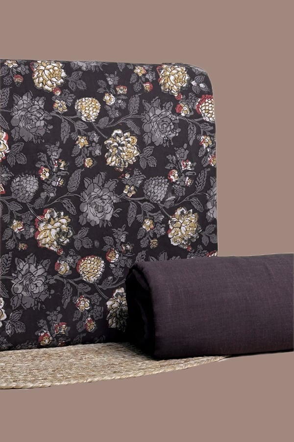 Black - 2pc Bagru Blockprint Top and Handloom Soft Cotton Bottom Fabric Set