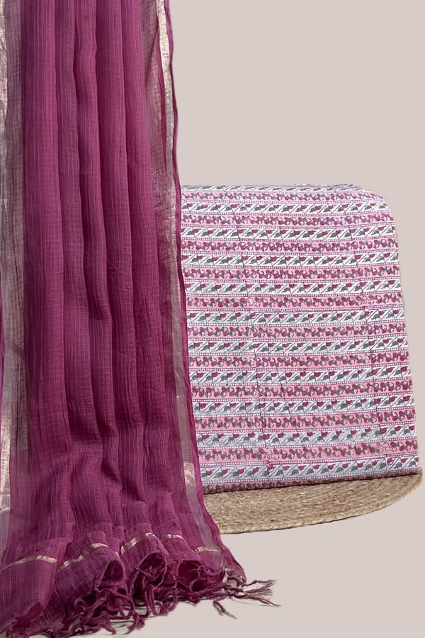 Pink - 2pc Kota Doria Dupatta and Pure Soft Cotton Blockprint Top Fabric Set Pink - 2pc Kota Doria Dupatta and Pure Soft Cotton Blockprint Top Fabric Set - Image 1