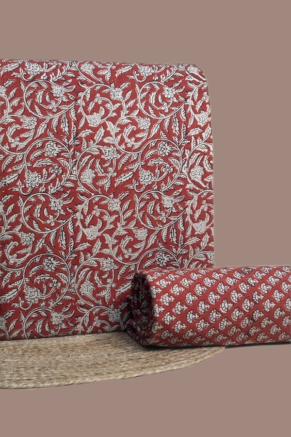 Red - 2pc Bagru Blockprint Top and Bottom Cotton Fabric Set