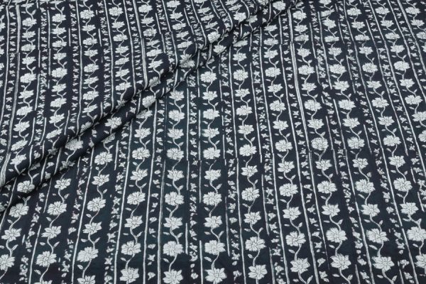 Black Floral Handblock Printed 100% Pure Soft Cotton Fabric
