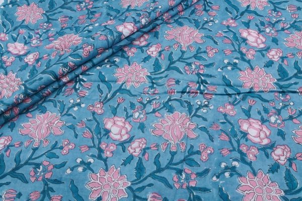 Pre-Cut 1m Cool Sky Blue Floral Handblock Printed 100% Pure Soft Cotton Fabric