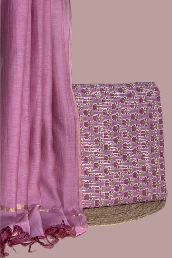 32145-1 Pink - 2Pc Luxe CottonSilk Dupatta and Blockprint Cotton Top Fabric Set - Image 1