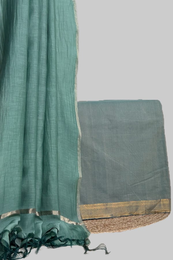 Green - 2pc Luxe CottonSilk Dupatta and Mangalgiri Zari Border Handwoven Pure Cotton Set