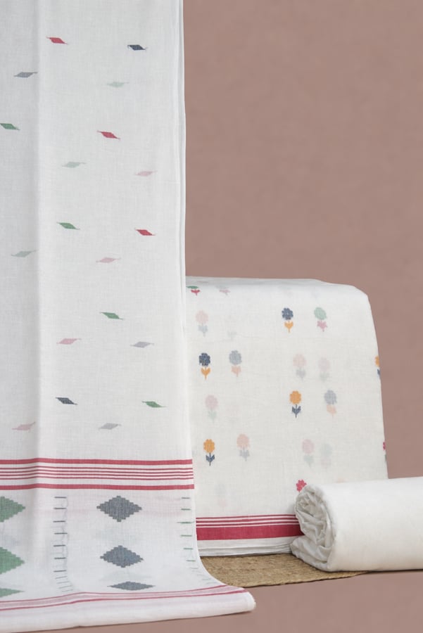 White - 3Pc Handloom Cotton Dupatta with Woven Motif Top & Handloom Soft Cotton Bottom Fabric Set
