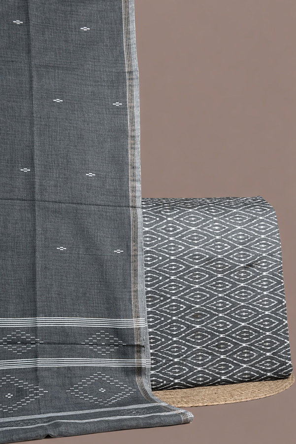 Gray - 2pc Handloom Cotton Dupatta and Handloom Fine Ikkat Cotton Top Fabric Set Gray - 2pc Handloom Cotton Dupatta and Handloom Fine Ikkat Cotton Top Fabric Set - Image 1