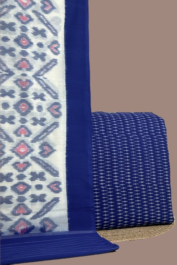Blue - 2pc Ikkat Cotton Dupatta and Handloom Soft Ikkat Cotton Top Fabric Set