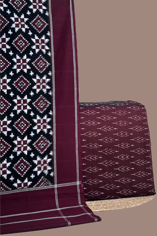 Maroon - 2pc Ikkat Cotton Dupatta and Handloom Soft Ikkat Cotton Top Fabric Set Maroon - 2pc Ikkat Cotton Dupatta and Handloom Soft Ikkat Cotton Top Fabric Set - Image 1