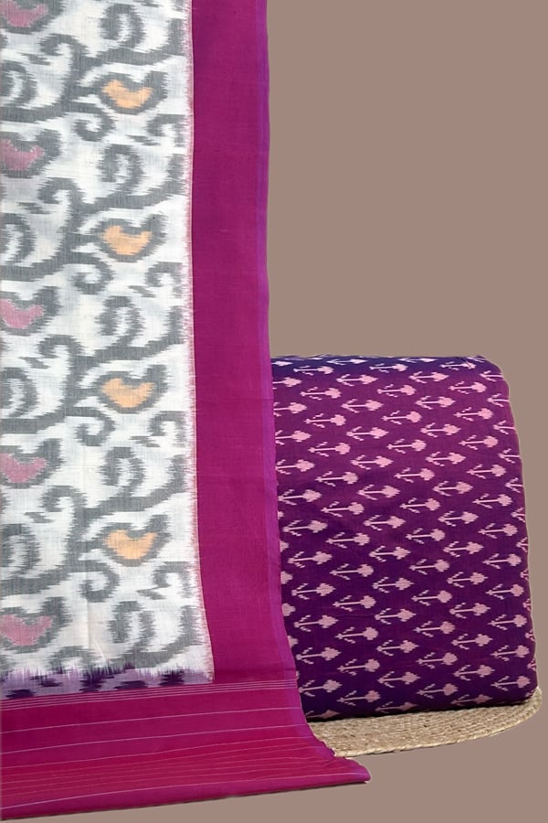 Purple - 2pc Ikkat Cotton Dupatta and Handloom Soft Ikkat Cotton Top Fabric Set Purple - 2pc Ikkat Cotton Dupatta and Handloom Soft Ikkat Cotton Top Fabric Set - Image 1
