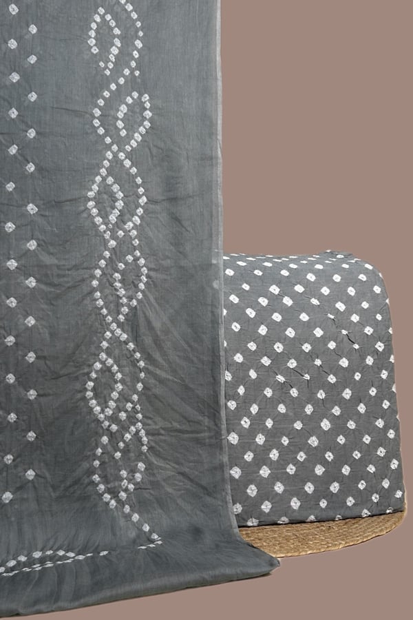 Gray - 2pc Bandhani Cotton Dupatta with Cotton Bandhani Top Fabric Set