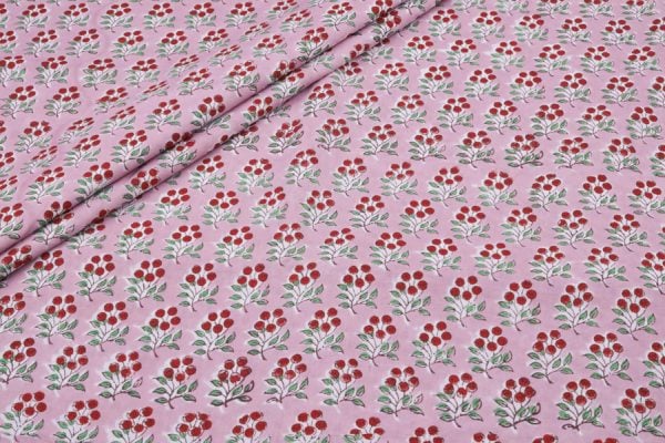 Pastel Pink Floral Handblock Printed 100% Pure Soft Cotton Fabric