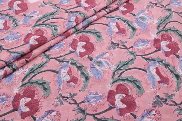 Pre-cut 0.90m Pink Floral Handblock Printed 100% Pure Soft Cotton Fabric