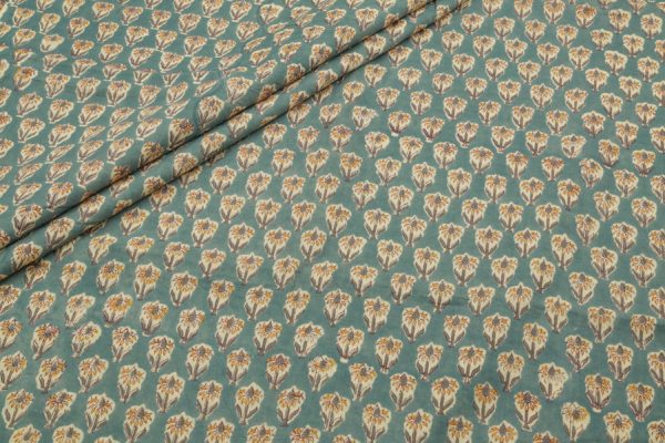Pre-Cut 2.20m Deep Teal Green Floral Handblock Printed 100% Pure Soft Cotton Fabric