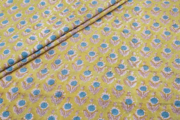 Pre-Cut 0.55m Royal Gold Yellow Floral Handblock Printed 100% Pure Soft Cotton Fabric