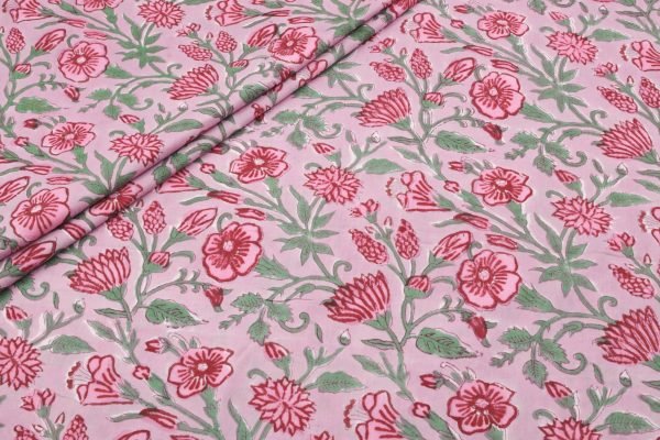Pre-Cut 2.20m Pastel Petal Pink Floral Handblock Printed 100% Pure Soft Cotton Fabric