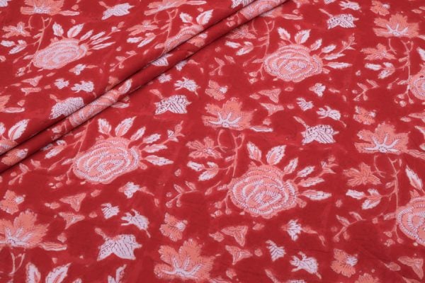 Pre-Cut 1.90m Scarlet Red Floral Handblock Printed 100% Pure Soft Cotton Fabric