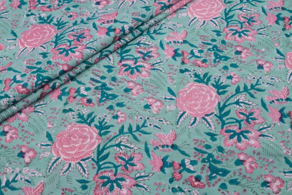 Pre-Cut 1.10m Pearl Aqua Blue Floral Handblock Printed 100% Pure Soft Cotton Fabric