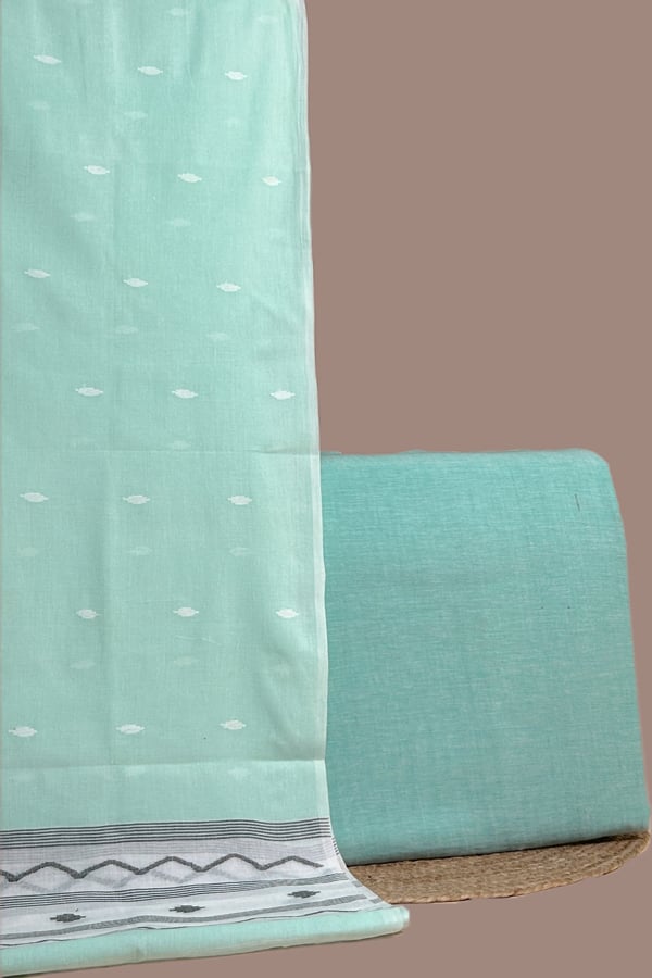 Green - 2pc Handloom Cotton Dupatta and Handloom Soft Cotton Top Fabric Set