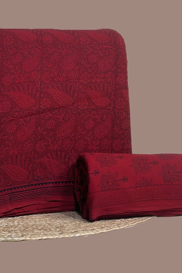 Red - 2pc Bagh HandCrafted Top and Bottom Cotton Fabric Set Red - 2pc Bagh HandCrafted Top and Bottom Cotton Fabric Set - Image 1