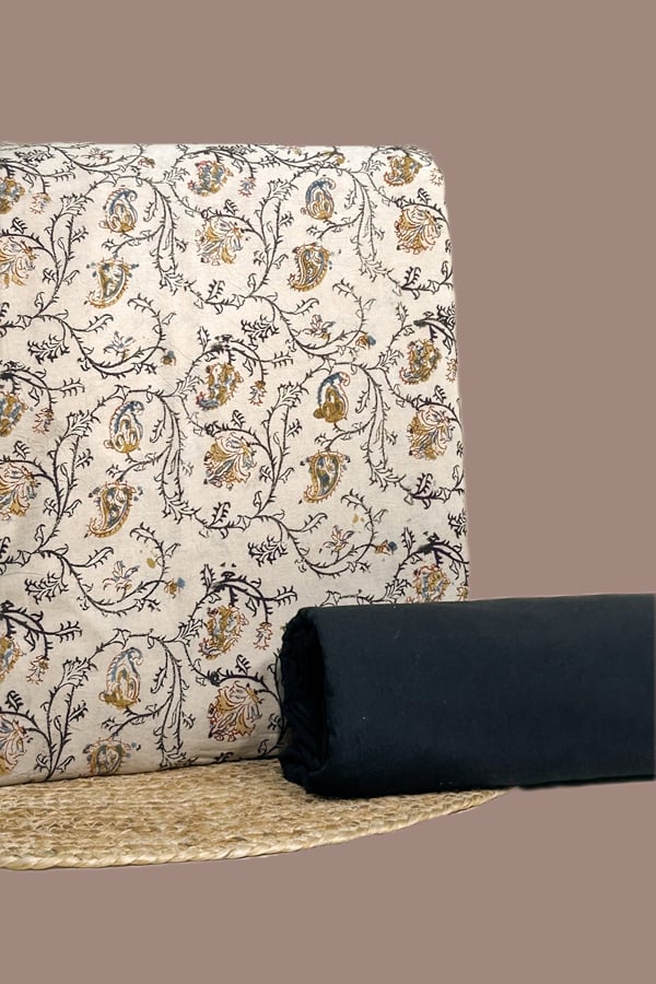 Beige - 2pc Kalamkari Blockprinted Soft Cotton Top and Plain Dyed Cotton Bottom Fabric Set Beige - 2pc Kalamkari Blockprinted Soft Cotton Top and Plain Dyed Cotton Bottom Fabric Set - Image 1