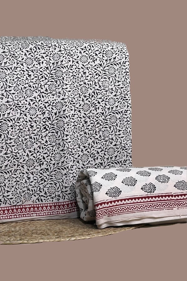 White - 2pc Bagh HandCrafted Top and Bottom Cotton Fabric Set White - 2pc Bagh HandCrafted Top and Bottom Cotton Fabric Set - Image 1