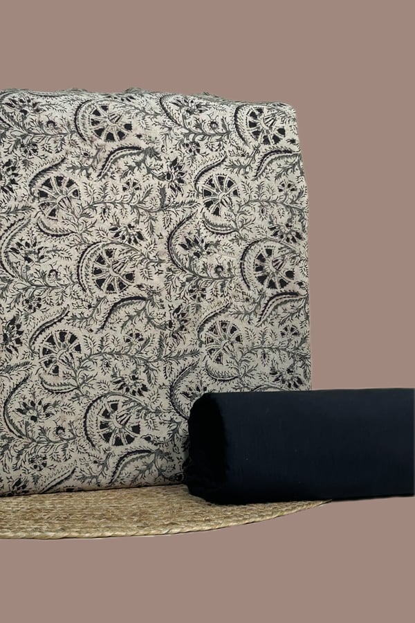 Beige - 2pc Kalamkari Blockprinted Soft Cotton Top and Plain Dyed Cotton Bottom Fabric Set Beige - 2pc Kalamkari Blockprinted Soft Cotton Top and Plain Dyed Cotton Bottom Fabric Set - Image 1