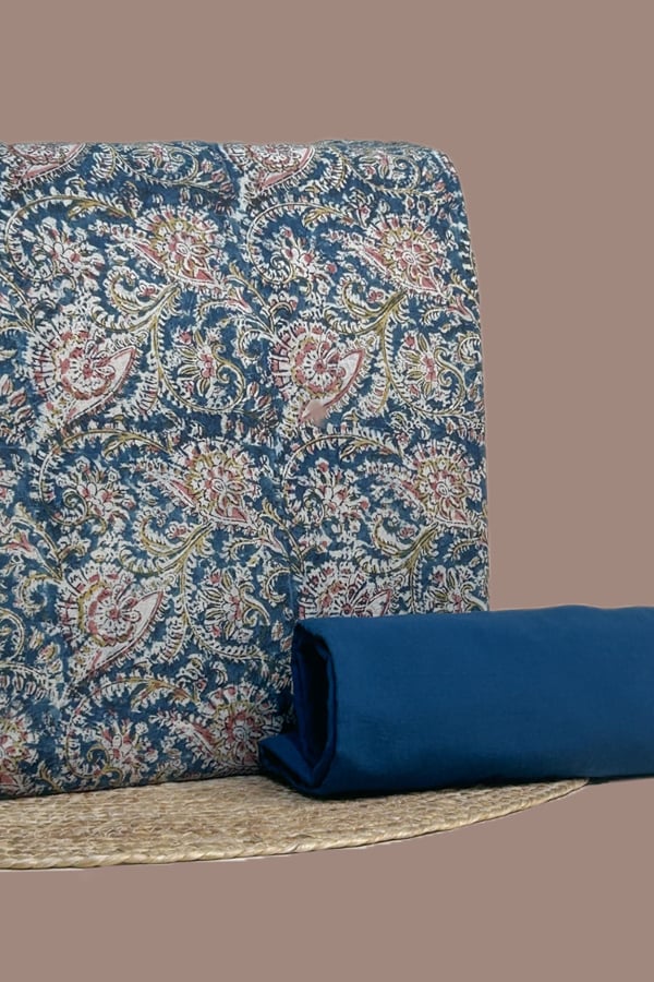 Blue - 2pc Kalamkari Blockprinted Soft Cotton Top and Plain Dyed Cotton Bottom Fabric Set