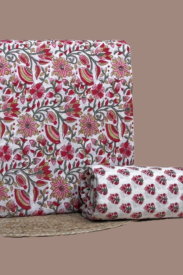 White - 2pc Pure Soft Cotton Blockprinted Top and Bottom Fabric Set White - 2pc Pure Soft Cotton Blockprinted Top and Bottom Fabric Set - Image 1