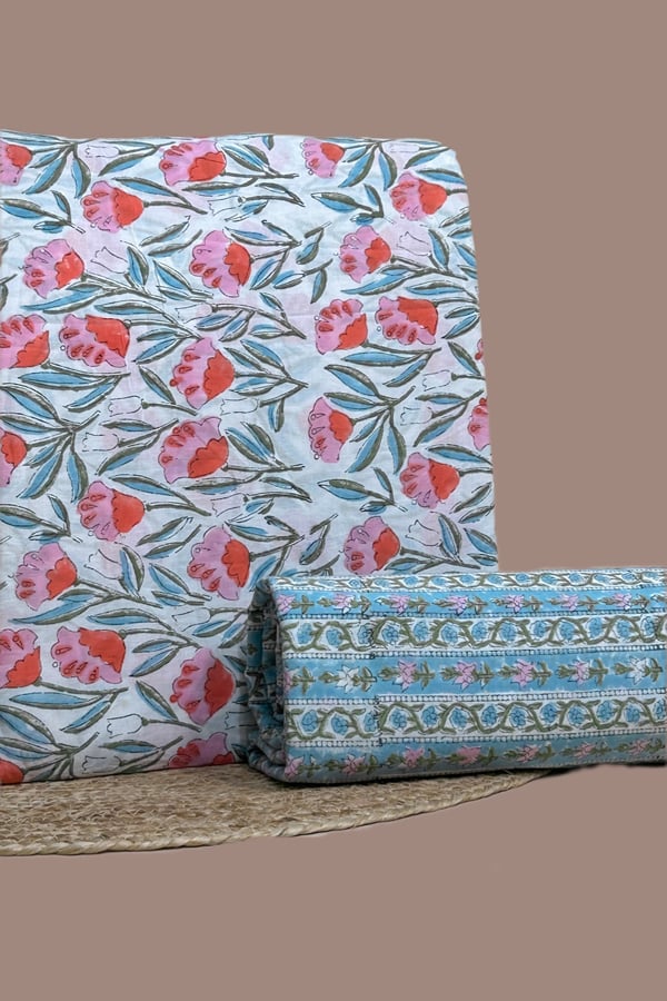 White - 2pc Pure Soft Cotton Blockprinted Top and Bottom Fabric Set White - 2pc Pure Soft Cotton Blockprinted Top and Bottom Fabric Set - Image 1