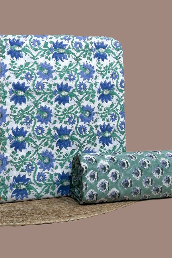 White - 2pc Pure Soft Cotton Blockprinted Top and Bottom Fabric Set White - 2pc Pure Soft Cotton Blockprinted Top and Bottom Fabric Set - Image 1