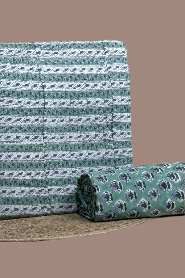 Green - 2pc Pure Soft Cotton Blockprinted Top and Bottom Fabric Set
