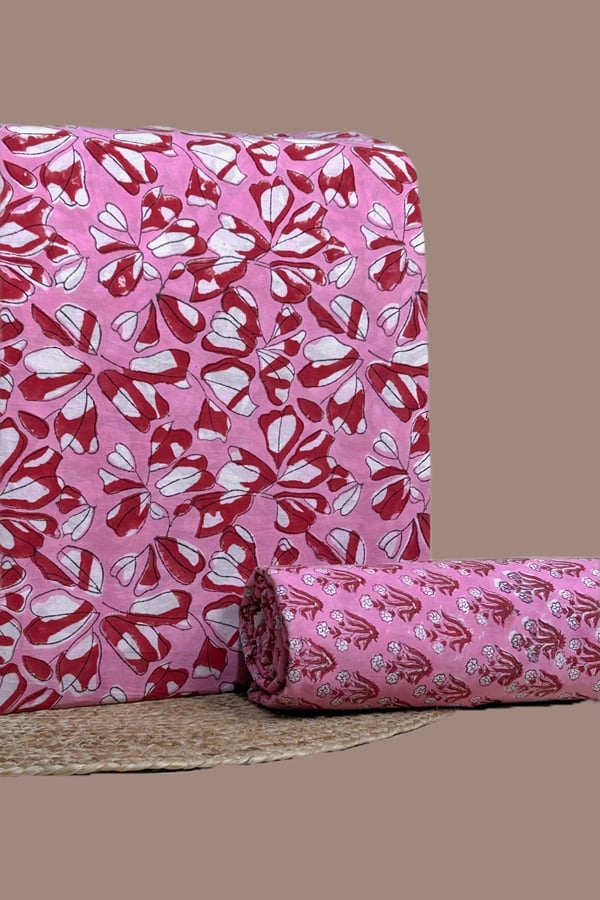 Pink - 2pc Pure Soft Cotton Blockprinted Top and Bottom Fabric Set