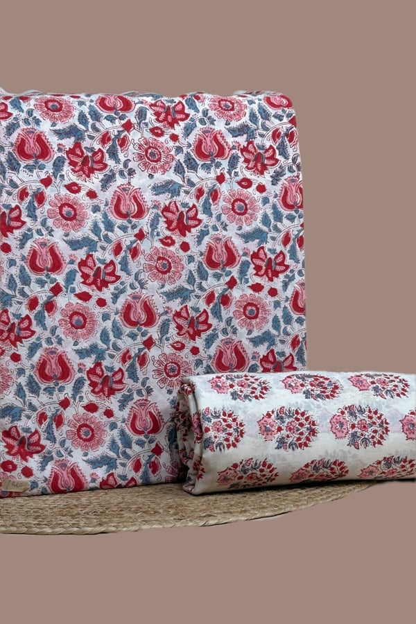 White - 2pc Pure Soft Cotton Blockprinted Top and Bottom Fabric Set White - 2pc Pure Soft Cotton Blockprinted Top and Bottom Fabric Set - Image 1