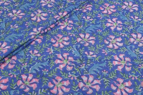 Tech Blue Floral Handblock Printed 100% Pure Soft Cotton Fabric