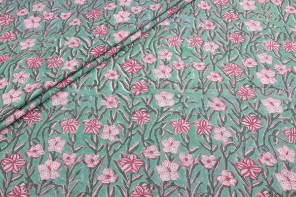 Pearl Aqua Green Floral Handblock Printed 100% Pure Soft Cotton Fabric