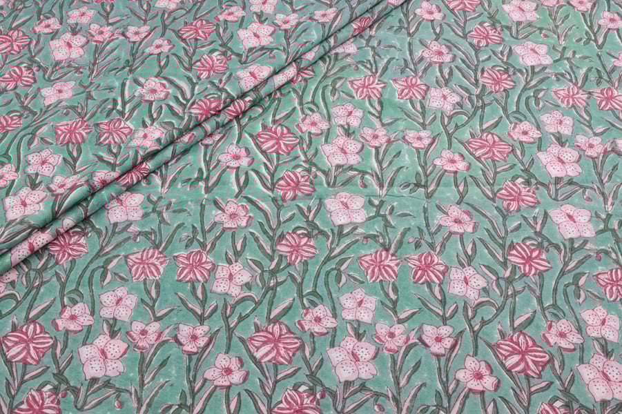 Pearl Aqua Green Floral Handblock Printed 100% Pure Soft Cotton Fabric Pearl Aqua Green Floral Handblock Printed 100% Pure Soft Cotton Fabric - Image 1