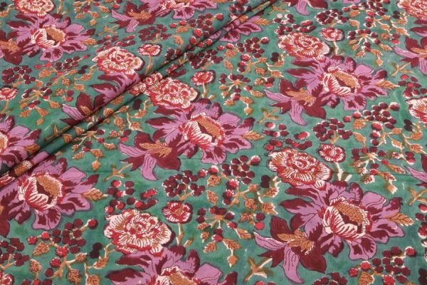 Seaweed Green Floral Handblock Printed 100% Pure Soft Cotton Fabric