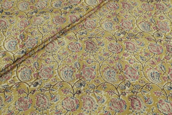 Pre-Cut 2.45m Mustard Yellow Handblock Kalamkaari Printed Cotton Fabric