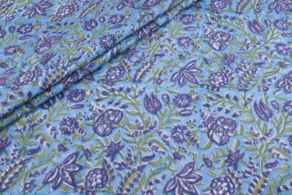 Pre-cut 0.90m Cool Sky Blue Floral Handblock Printed 100% Pure Soft Cotton Fabric