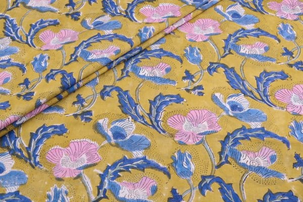 Tuscan Sun Yellow Floral Handblock Printed 100% Pure Soft Cotton Fabric