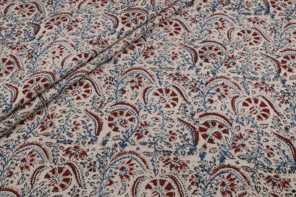 Pre-Cut 2m Beige Handblock Kalamkaari Printed Cotton Fabric